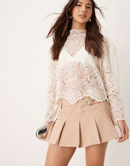Miss Selfridge - Minigonna sartoriale color talpa a pieghe con cintura