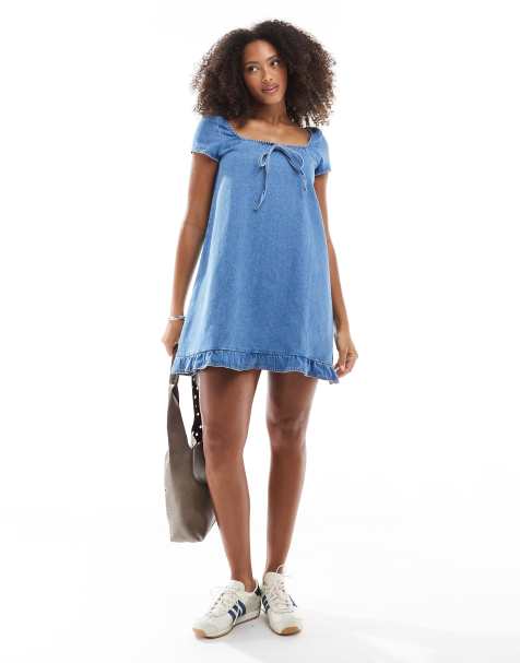Miss Selfridge - Minikjole med bindebånd foran i denim - view 1