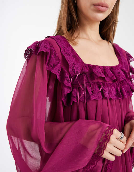 Miss Selfridge - Minikjole med ærmer med svaj og blonder i chiffon, 3 af 4