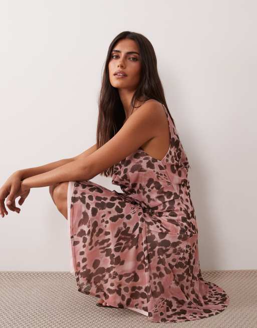 Miss Selfridge miniklänning med draperad ringning, asymmetrisk fåll och djurmönstrad mesh, 2 av 4