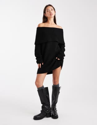Miss Selfridge - Minikleid in Schwarz mit umgeschlagenem Bardot-Ausschnitt