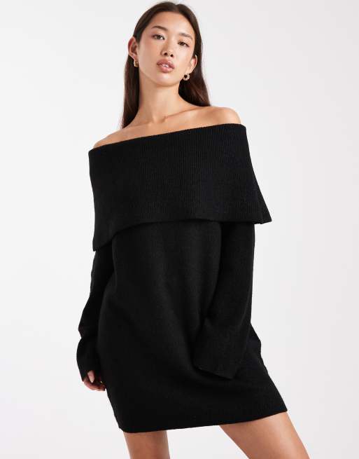 Miss Selfridge – Minikleid in Schwarz mit umgeschlagenem Bardot-Ausschnitt, 2 von 4