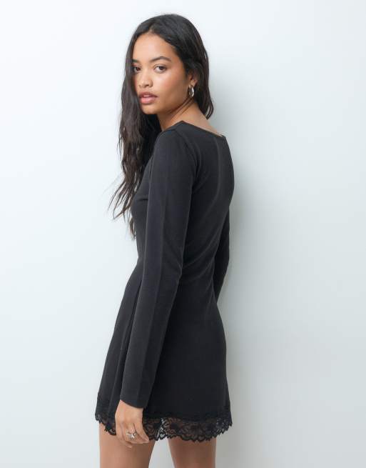 Miss Selfridge Minikleid mit ausgestellten Ärmeln und Spitzenbesatz in Schwarz, 5 von 5