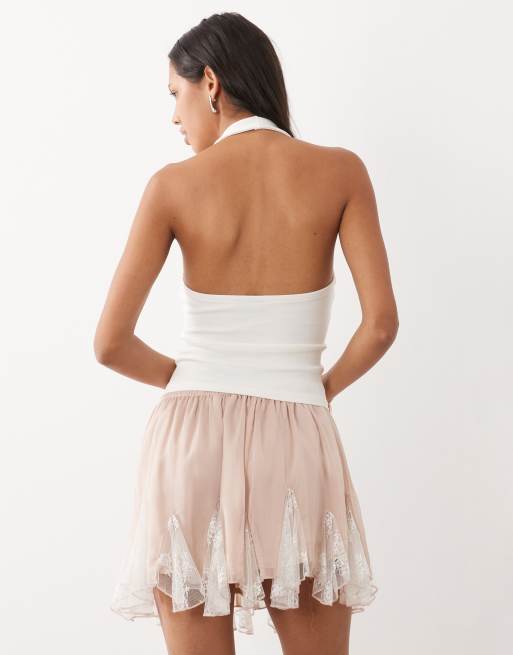 Miss Selfridge minirok met kant en godets in roze, 5 van 5