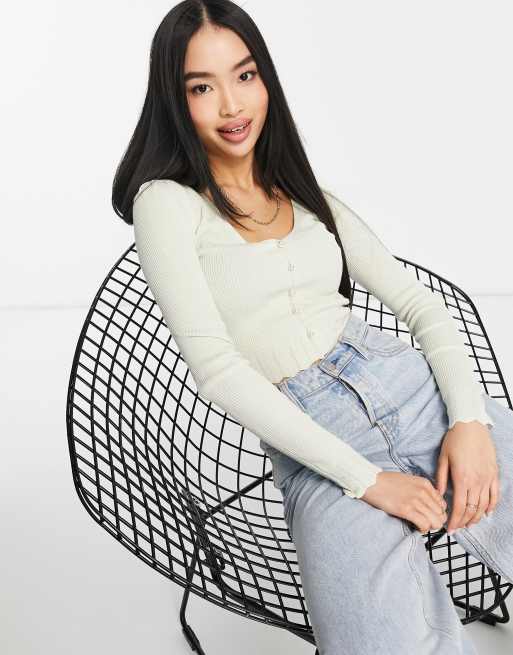 Miss Selfridge mint long sleeve faux pearl v neck rib top