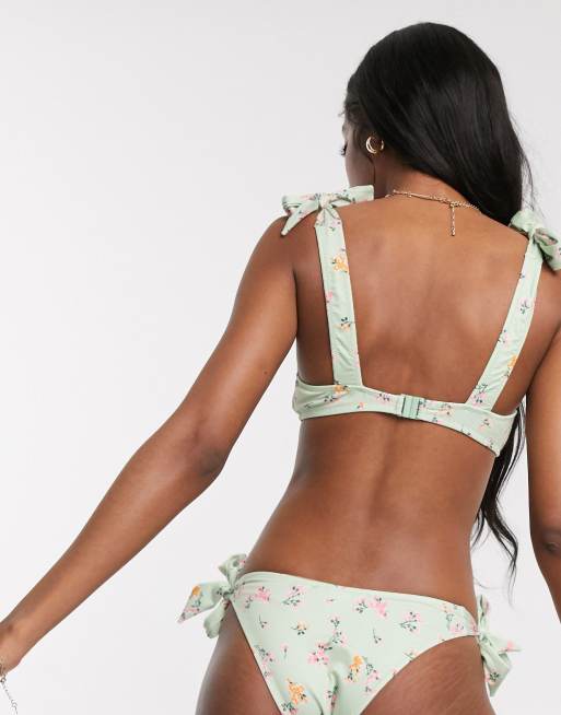 Miss Selfridge – Mintgrünes Bikinioberteil mit Blumenmuster und gebundenen Trägern, 2 von 4