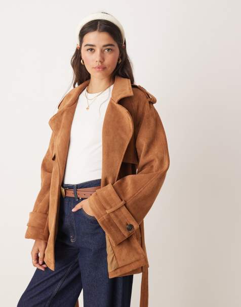 Miss Selfridge – Mittellanger Trenchcoat aus Wildlederimitat in Hellbraun - view 1
