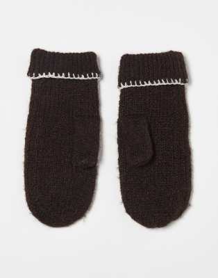 Miss Selfridge mittens with blanket stitch detail in chocolate with cream stitching-Brown