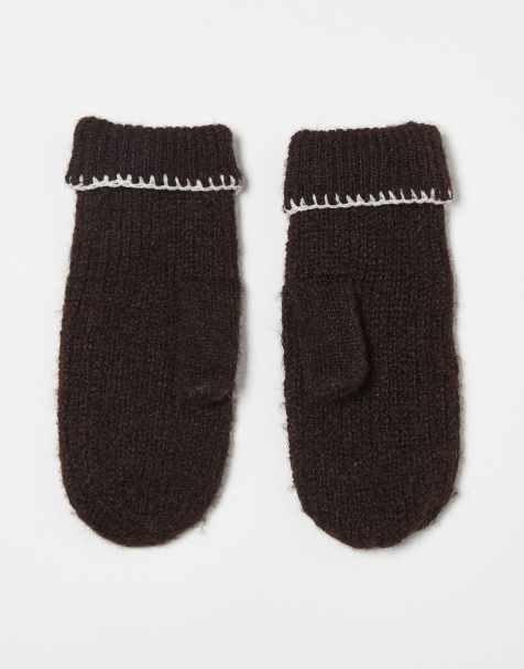 Miss Selfridge mittens with blanket stitch detail in chocolate with cream stitching - view 1