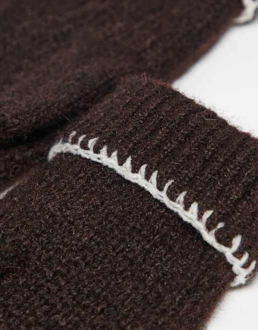 Miss Selfridge mittens with blanket stitch detail in chocolate with cream stitching, 2 of 3