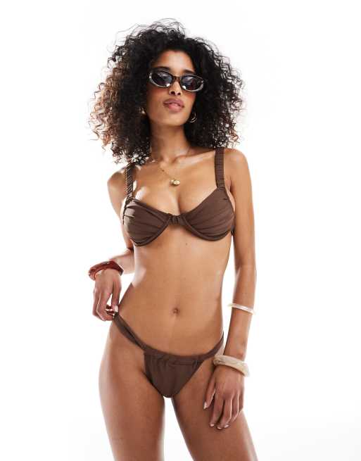 Miss Selfridge mix and match high leg bikini bottoms in chocolate, 2 of 4