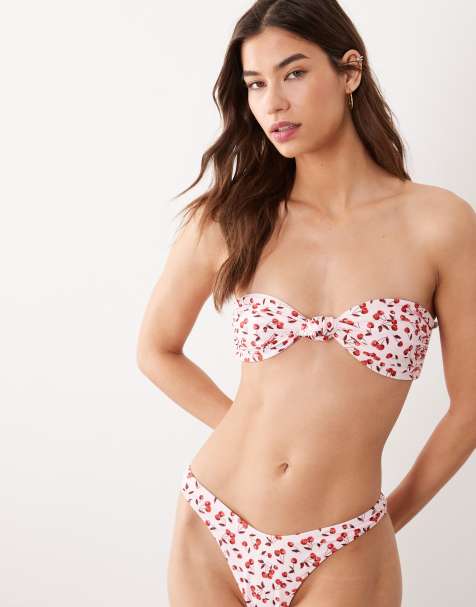 Miss Selfridge mix and match knot front bandeau bikini top in cherry print - view 1
