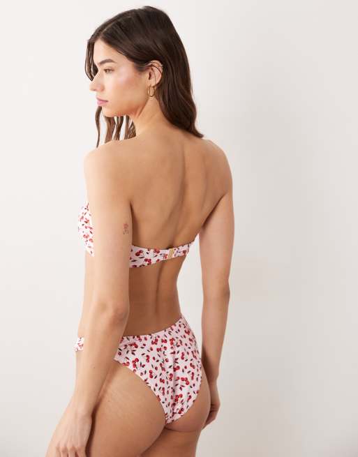 Miss Selfridge Mix and Match knot front bandeau bikini top in cherry print, 4 of 4