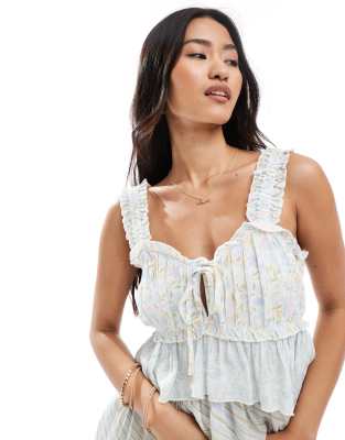 mix and match print top in blue ditsy print-Multi