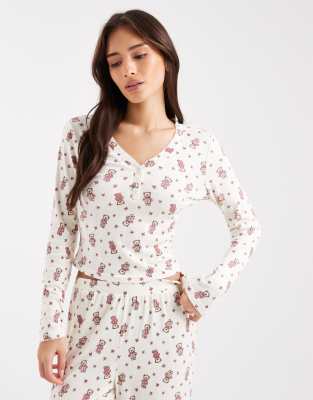 Miss Selfridge - Mix and Match - Pyjama-Oberteil mit Henleykragen und Teddybären-Print-Bunt