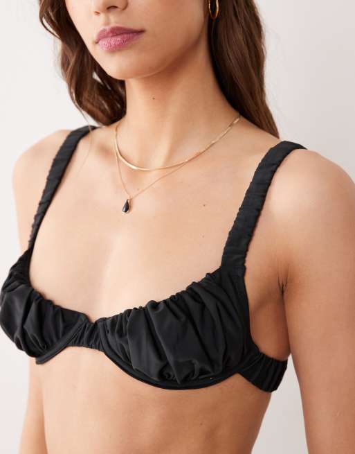 Miss Selfridge mix and match ruched cup bikini top in black, 2 of 4