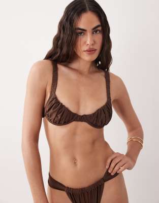 Miss Selfridge Mix And Match Ruched Cup Bikini Top In Brown
