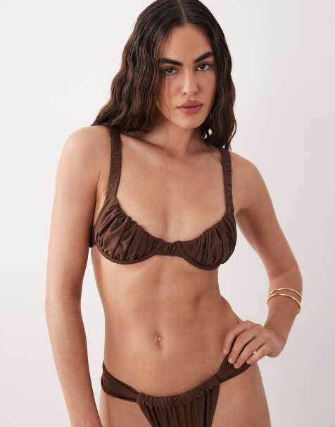Miss Selfridge mix and match ruched cup bikini top in chocolate