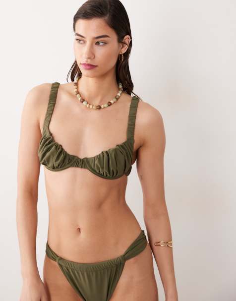 Miss Selfridge mix and match ruched cup bikini top in olive
