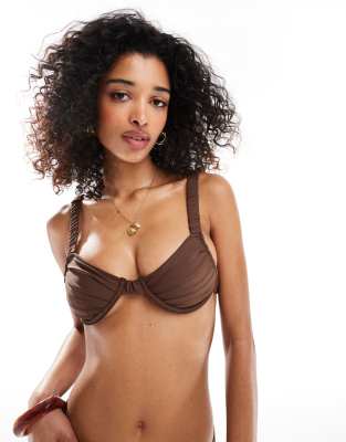 Miss Selfridge Mix And Match Ruched Cup Detail Bikini Top In Brown