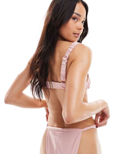 Miss Selfridge mix and match ruched cup detail bikini top in pink, 4 of 4