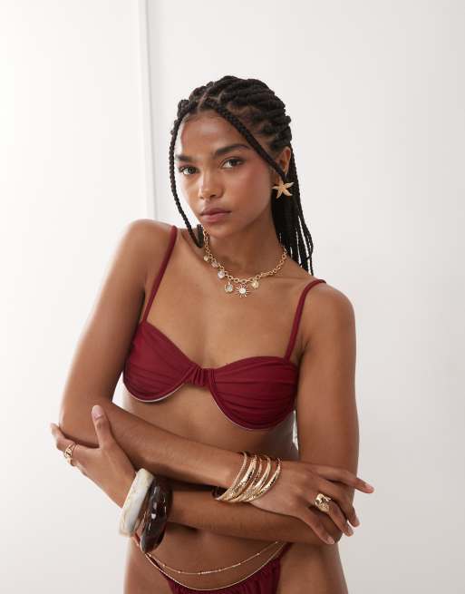Miss Selfridge mix and match ruched cup skinny strap bikini top in burgundy