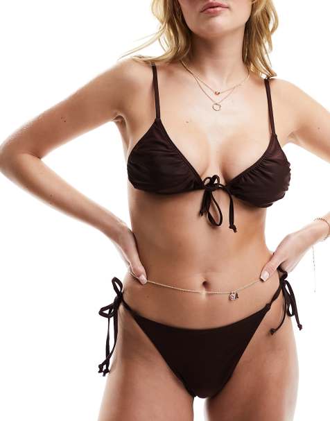Miss Selfridge mix and match ruched triangle bikini top in chocolate - view 1
