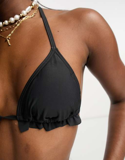 Miss Selfridge mix and match ruffle detail triangle bikini top in black, 2 of 4