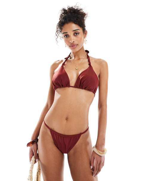 Miss Selfridge mix and match thin strap side bikini bottom in burgundy - view 1