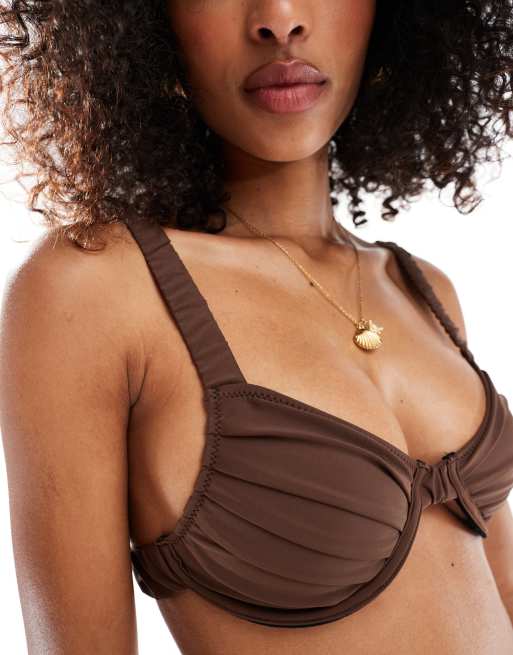 Miss Selfridge - Mix and Match - Top bikini color cioccolato con coppe arricciate, 3 di 4