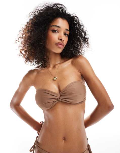 Miss Selfridge mix and match twist bandeau bikini top in mocha - view 1