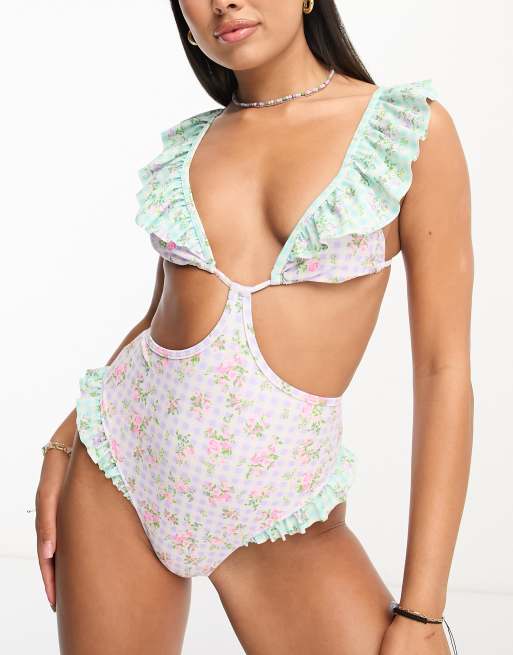 Miss Selfridge mix contrast gingam ruffle swimsuit 