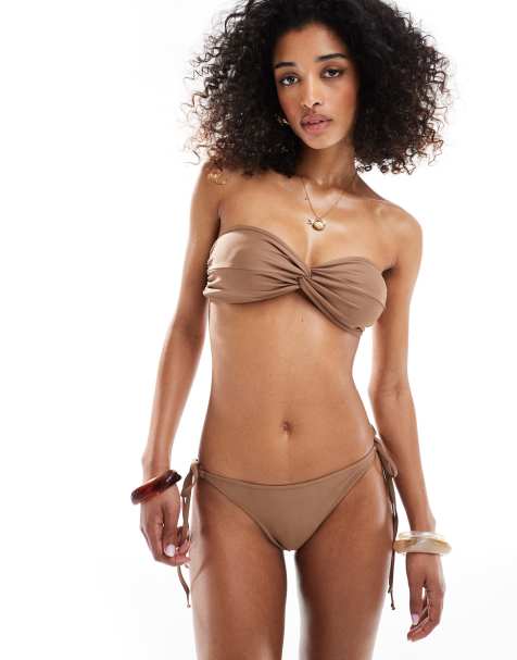 Miss Selfridge - Mix en match - Bandeau bikini met gedraaide voorkant in mokka - view 1