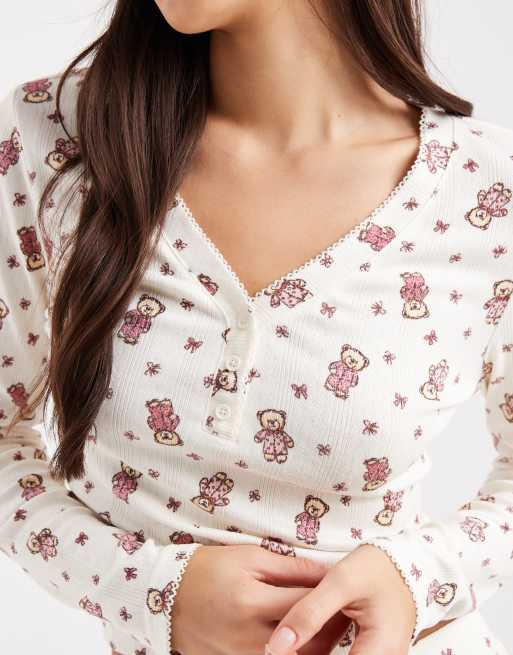Miss Selfridge - Mix en match - Pyjamatop met henley-hals en teddybeerprint, 3 van 4