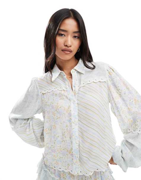 Miss Selfridge mix & match print woven shirt in blue ditsy print - view 1