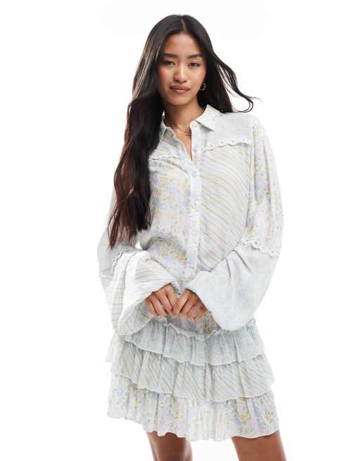Miss Selfridge mix & match print woven shirt in blue ditsy print