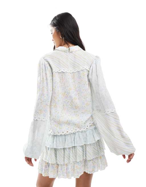 Miss Selfridge mix & match print woven shirt in blue ditsy print