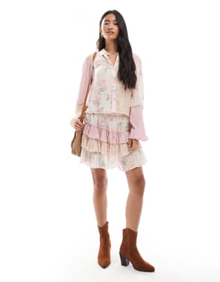 Miss Selfridge mix match print woven shirt in pink ditsy print