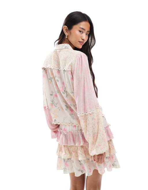 Miss Selfridge mix match print woven shirt in pink ditsy print, 3 of 4