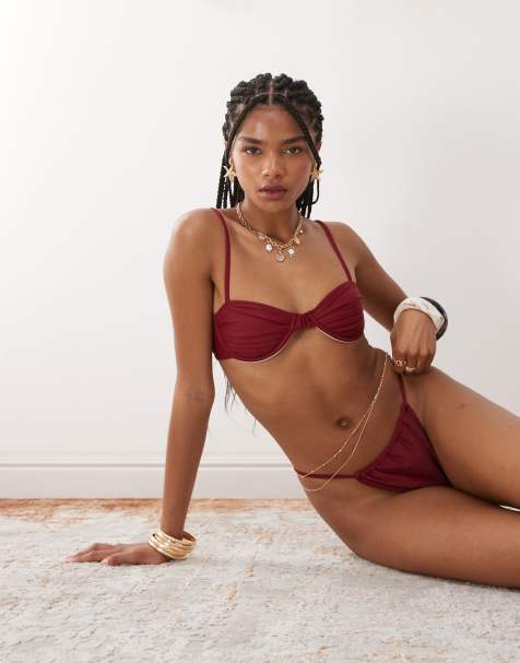 Miss Selfridge - Mix og match - Bordeauxrød bikinitop med rynkede skåle og smalle stropper - view 1
