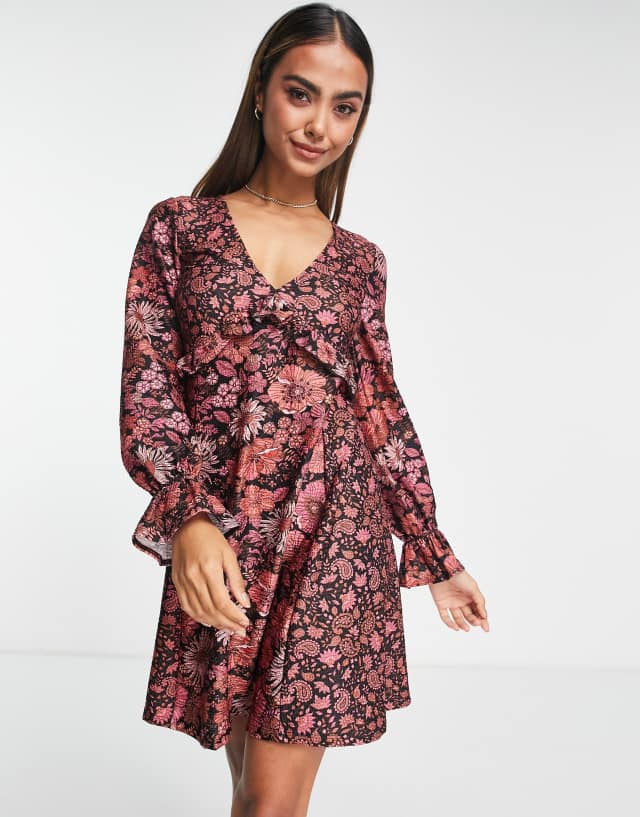 Miss Selfridge mix print v neck ruffle dress