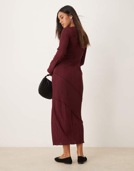 Miss Selfridge mix texture long sleeve dress in burgundy | ASOS
