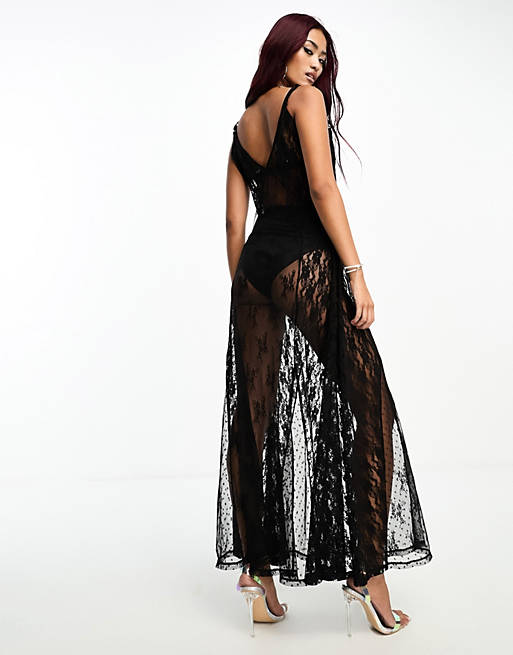 Miss Selfridge mixed lace textured maxi cami dress in black