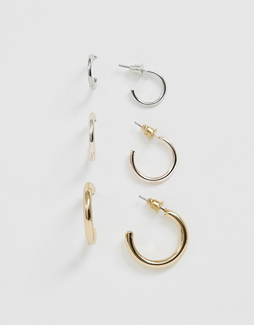 Miss Selfridge mixed metal set of 3 hoop earrings