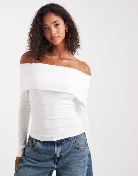 Miss Selfridge mixed rib bardot top in cream - view 1