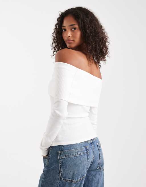 Miss Selfridge mixed rib bardot top in cream, 4 of 4