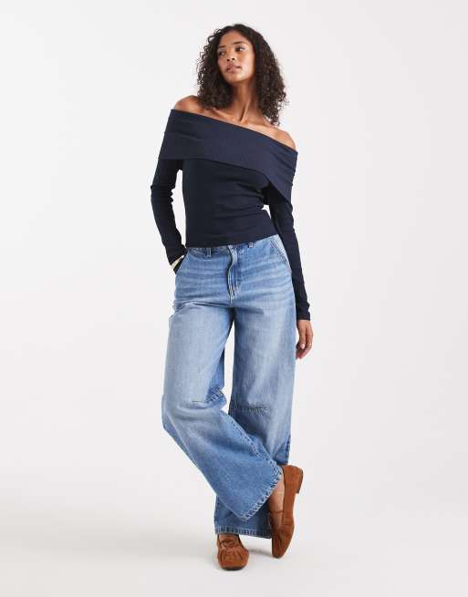 Miss Selfridge mixed rib bardot top in navy, 2 of 4