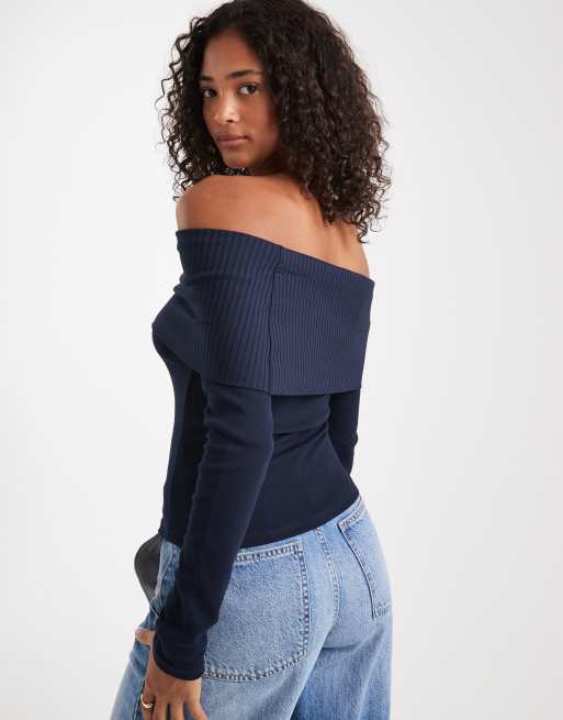 Miss Selfridge mixed rib bardot top in navy, 4 of 4