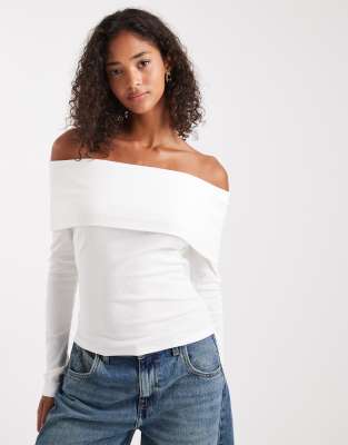 Miss Selfridge Mixed Rib Knit Off The Shoulder Top In White