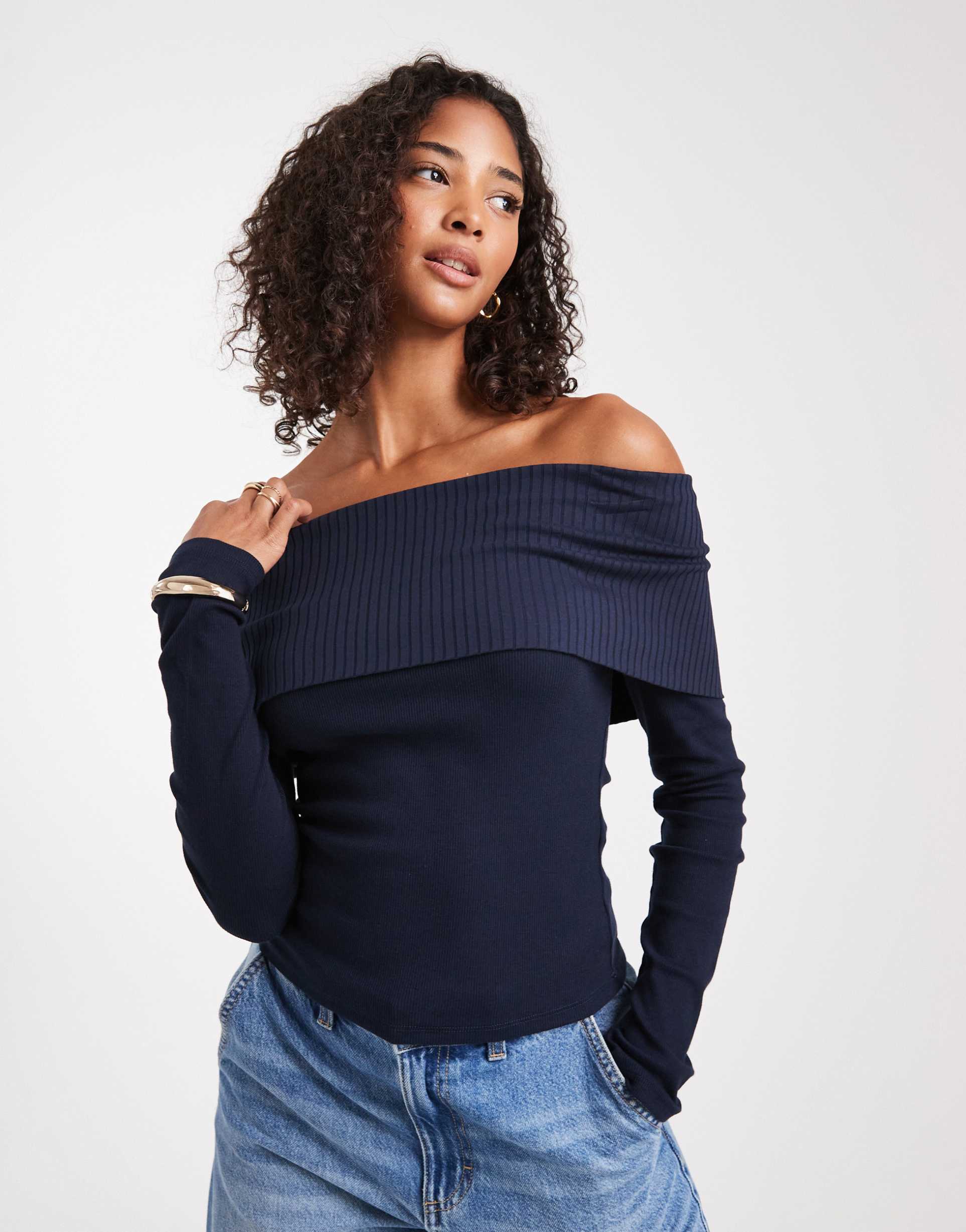 miss selfridge mixed ribbed bardot top in navy